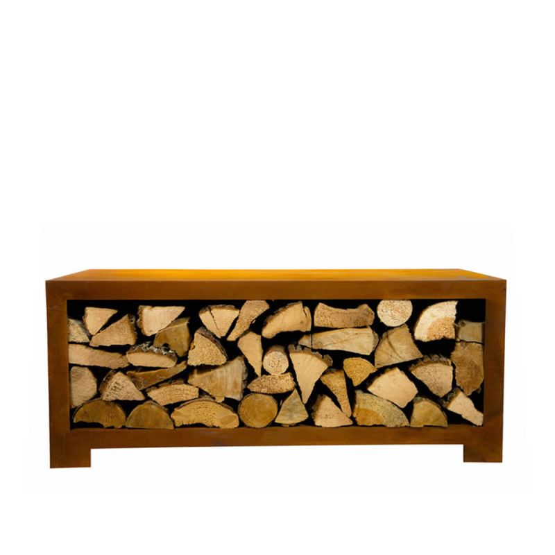 Table de jardin moderne en bois avec compartiment intégré pour ranger le bois de chauffage