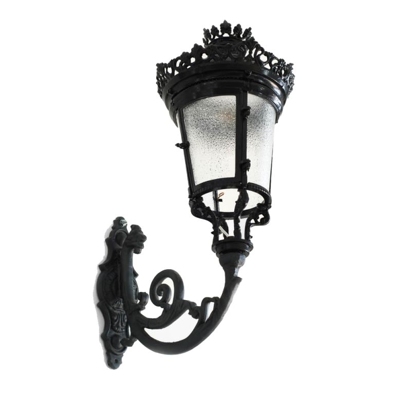 Lampada da parete nera antica con supporto decorativo e inserto in vetro