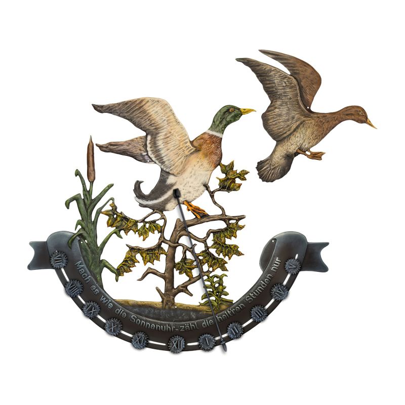 Figure murale décorative en métal avec deux canards volant et motif végétal pour le jardin