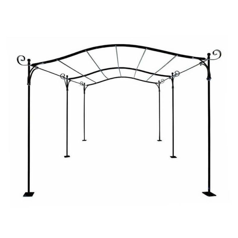 Struttura metallica nera decorativa con tettoia trasparente, ideale per decorazioni da giardino