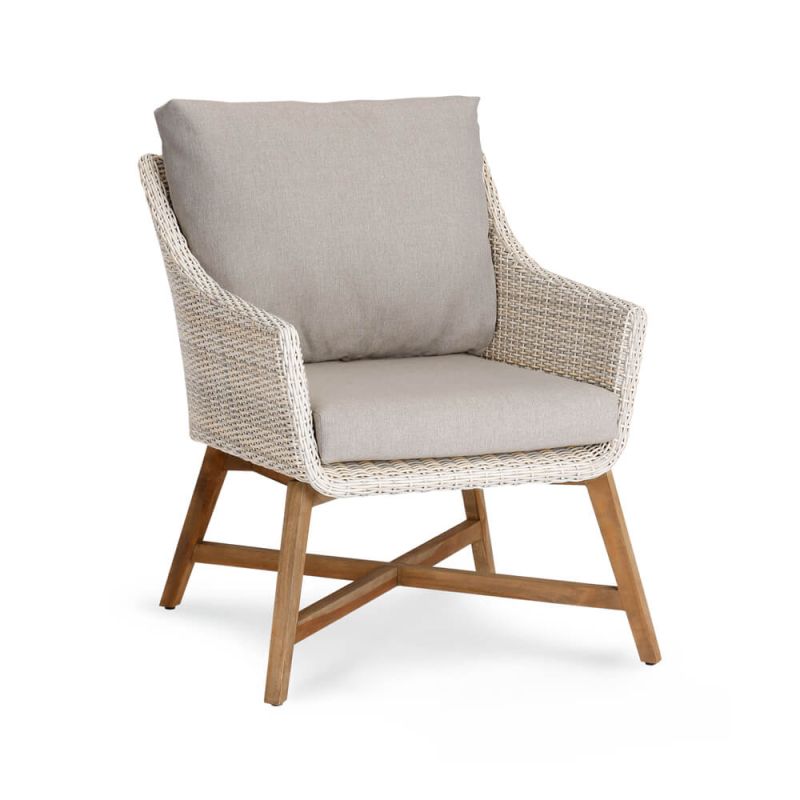 Sedia da giardino bianca in vimini con cuscino grigio e gambe in legno