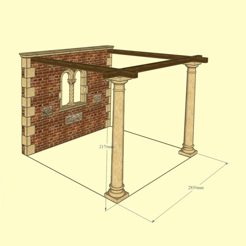 Schizzo di una pergola in pietra con colonne davanti a un muro di mattoni con misure indicate