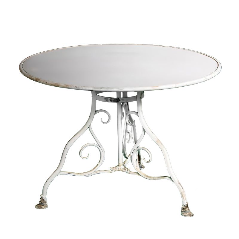 Table de jardin blanche en métal avec plateau rond et pieds en fer forgé décoratif