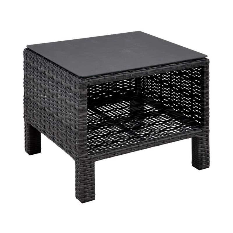 Table de jardin carrée moderne en rotin noir avec plateau en verre