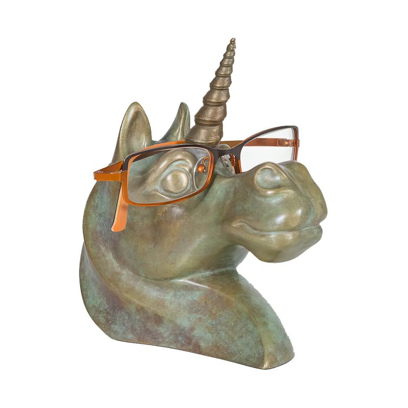 Sculpture de tête de licorne couleur bronze avec lunettes orange pour décoration de jardin