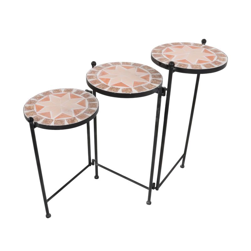 Table de jardin tripartite avec plateaux ronds en mosaïque et cadre métallique noir