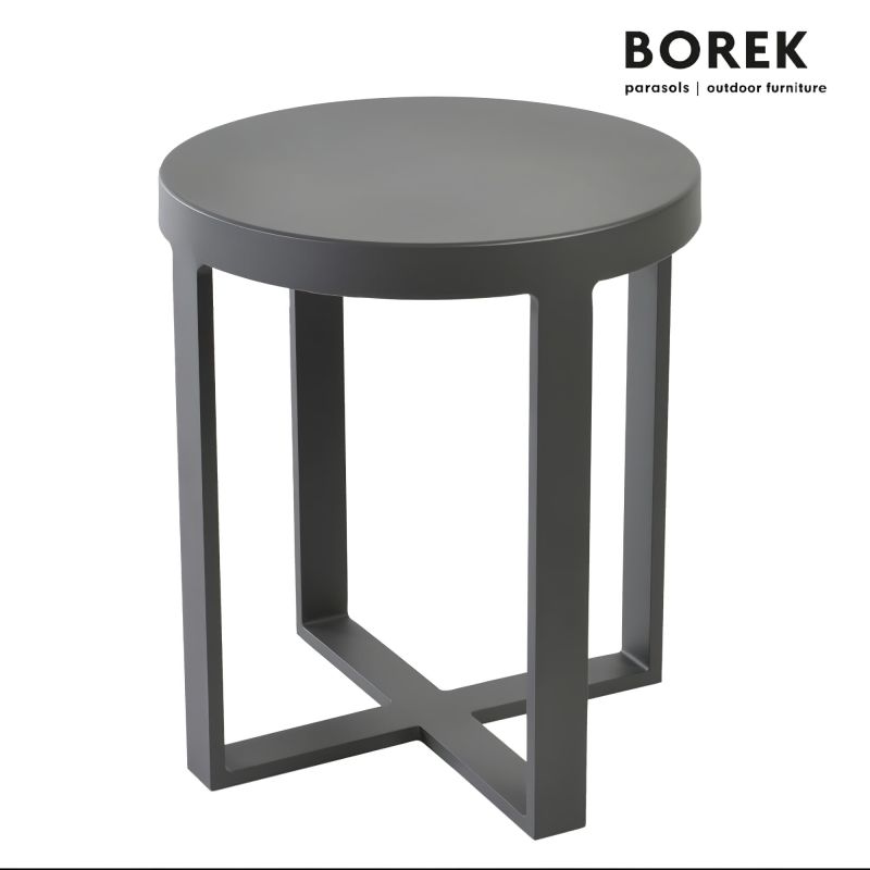 Table de jardin moderne ronde en métal gris avec pied en croix