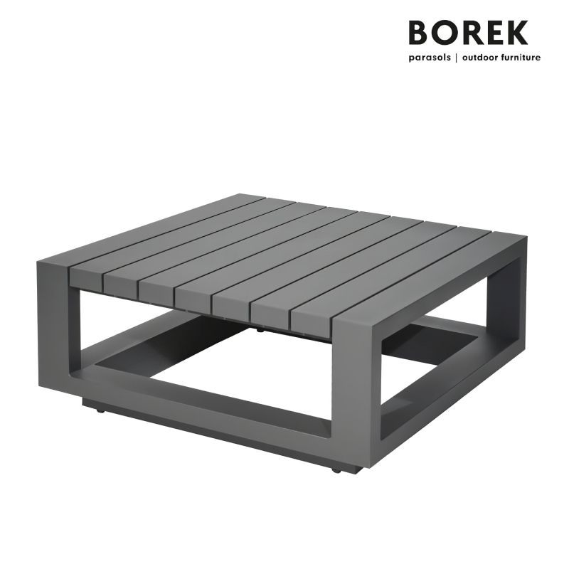Table de jardin carrée en métal avec lattes en bois au design moderne
