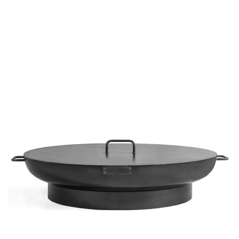 Braciere nero in metallo con coperchio e maniglie, ideale per il giardino
