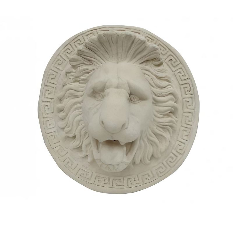 Sculpture ronde en pierre représentant une tête de lion pour jardin