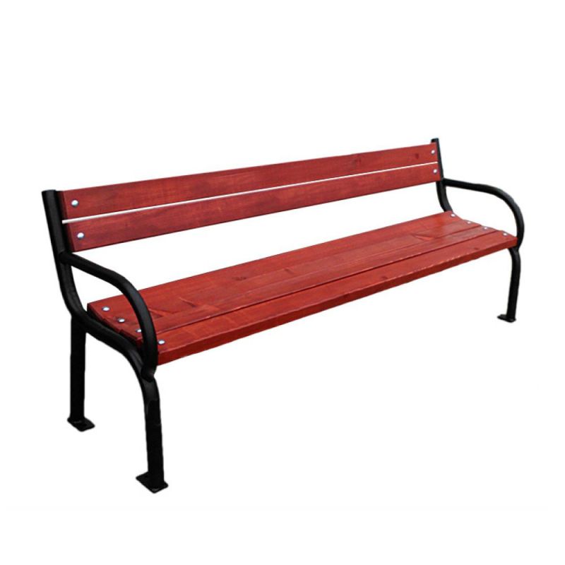 Panchina da giardino rossa in legno con struttura in metallo nero all'aperto