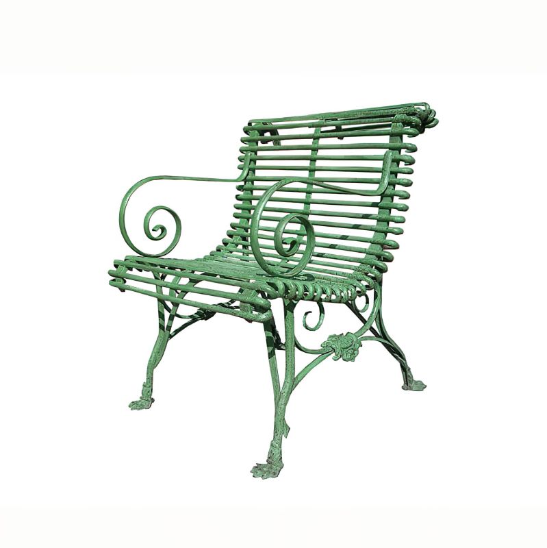 Panca da giardino verde in metallo con braccioli curvi ed elementi decorativi