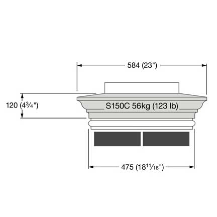 Schéma d'un cadran solaire de jardin avec largeur de 584 mm et hauteur de 120 mm