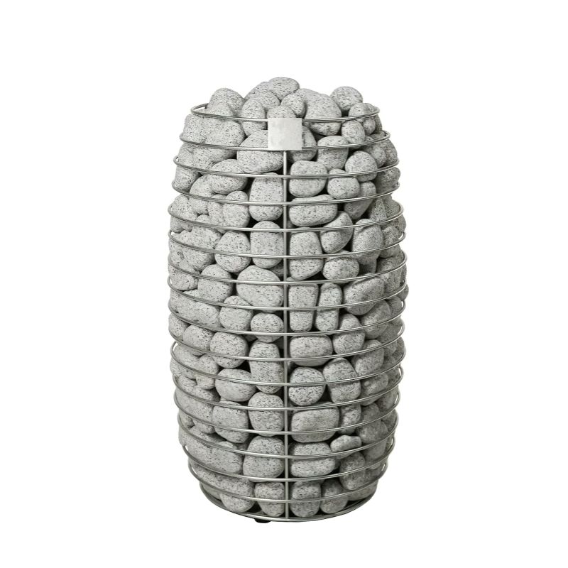 Colonne cylindrique en pierres contenue dans un panier en fil de fer, déco de jardin exclusive