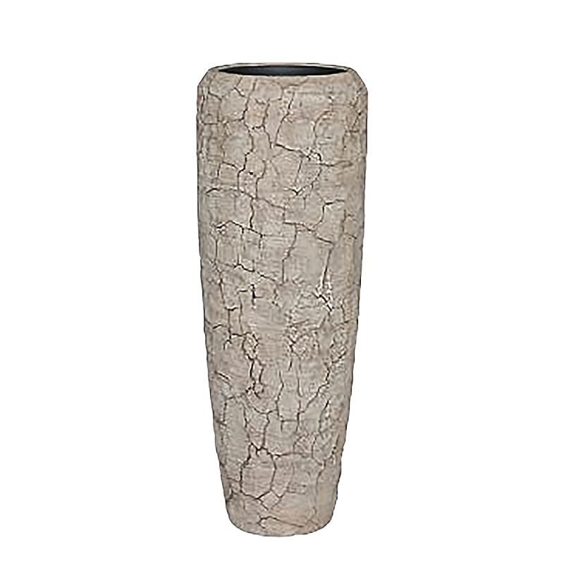 Vase de jardin cylindrique haut avec surface texturée fissurée en beige