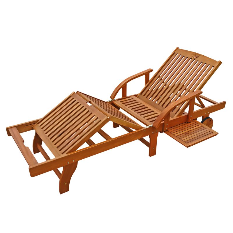 Chaise longue en bois naturel avec repose-pieds et petite table d'appoint