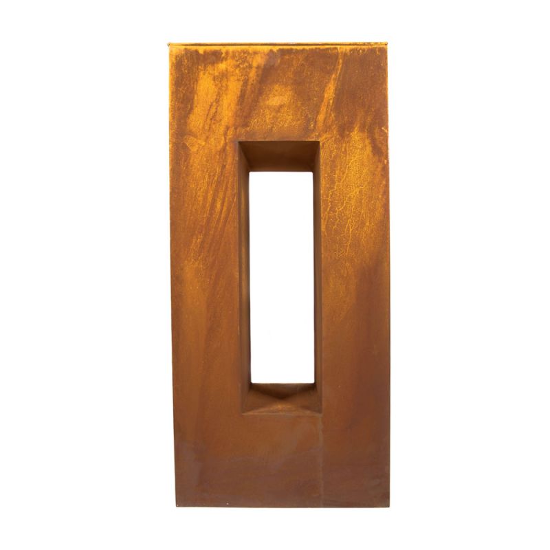 Sculpture de jardin rectangulaire moderne en métal rouillé avec une ouverture centrale
