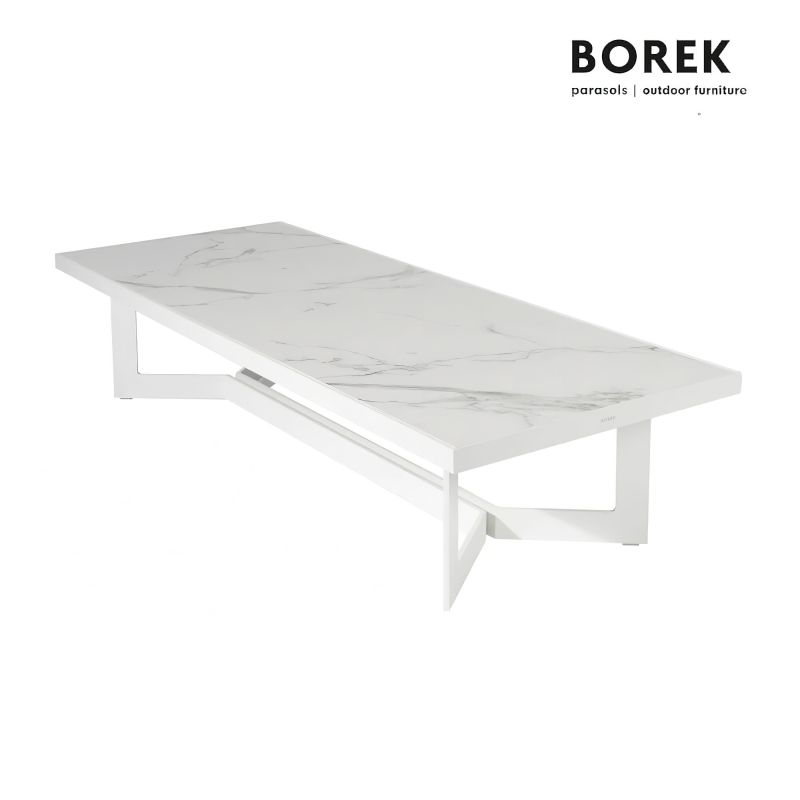 Table de jardin blanche moderne avec plateau en marbre Borek pour mobilier de jardin exclusif