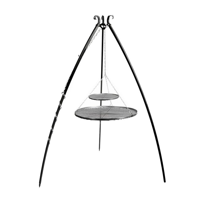 Treppiede nero con due griglie rotonde per barbecue da giardino