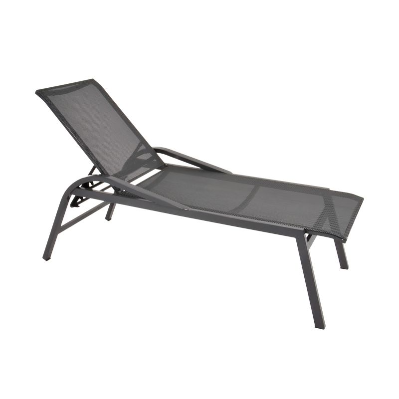 Chaise longue de jardin grise avec dossier inclinable pour des moments de détente en plein air