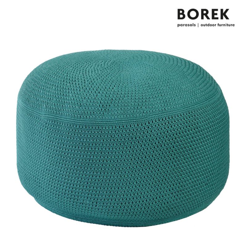 Pouf tondo lavorato a maglia di colore petrolio, ideale come mobile o decorazione da giardino