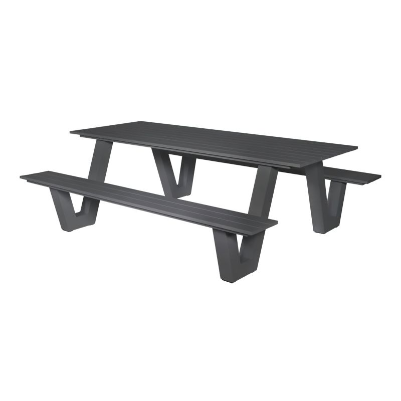 Tavolo da giardino moderno scuro con due panche abbinate in metallo