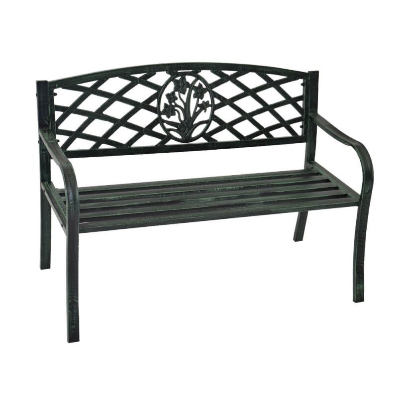Elegante panca da giardino nera in metallo con schienale traforato, adatta per esterni