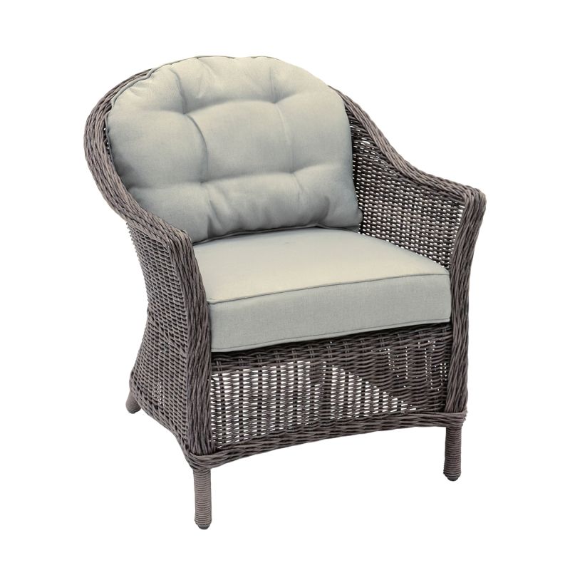 Comoda sedia da esterno in rattan con cuscini grigi