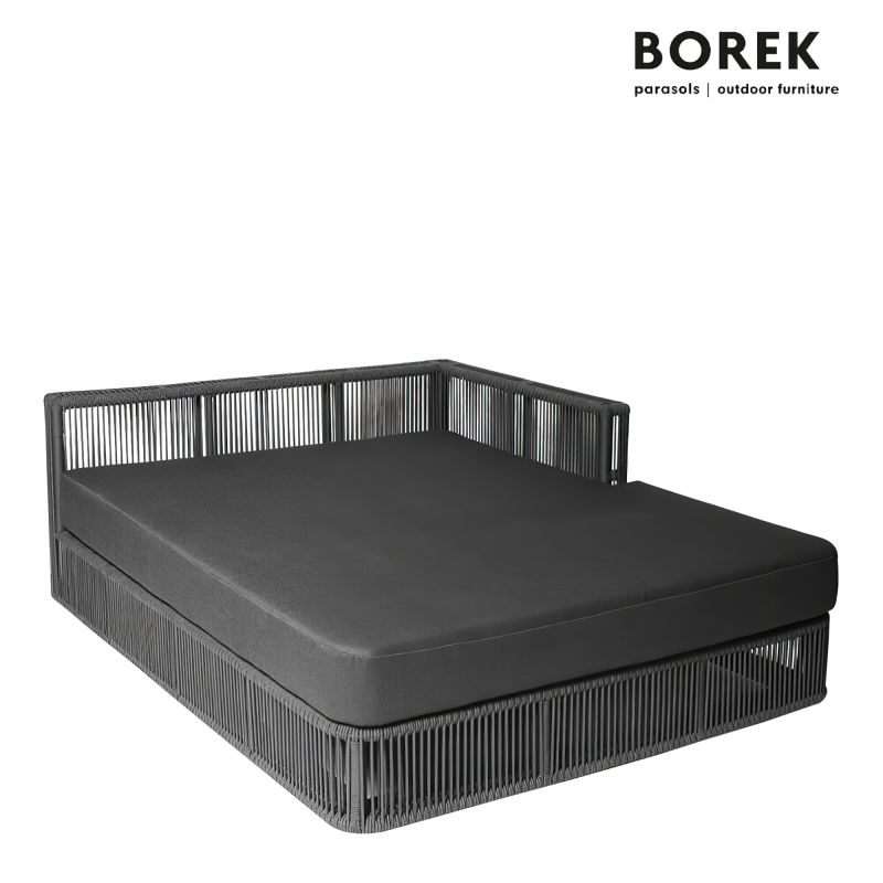 Letto da giardino nero con struttura robusta e cuscino confortevole, ideale per esterni