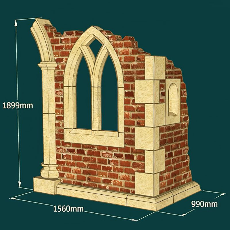 Segment de mur en briques avec arche gothique, colonne et dimensions en millimètres sur fond vert