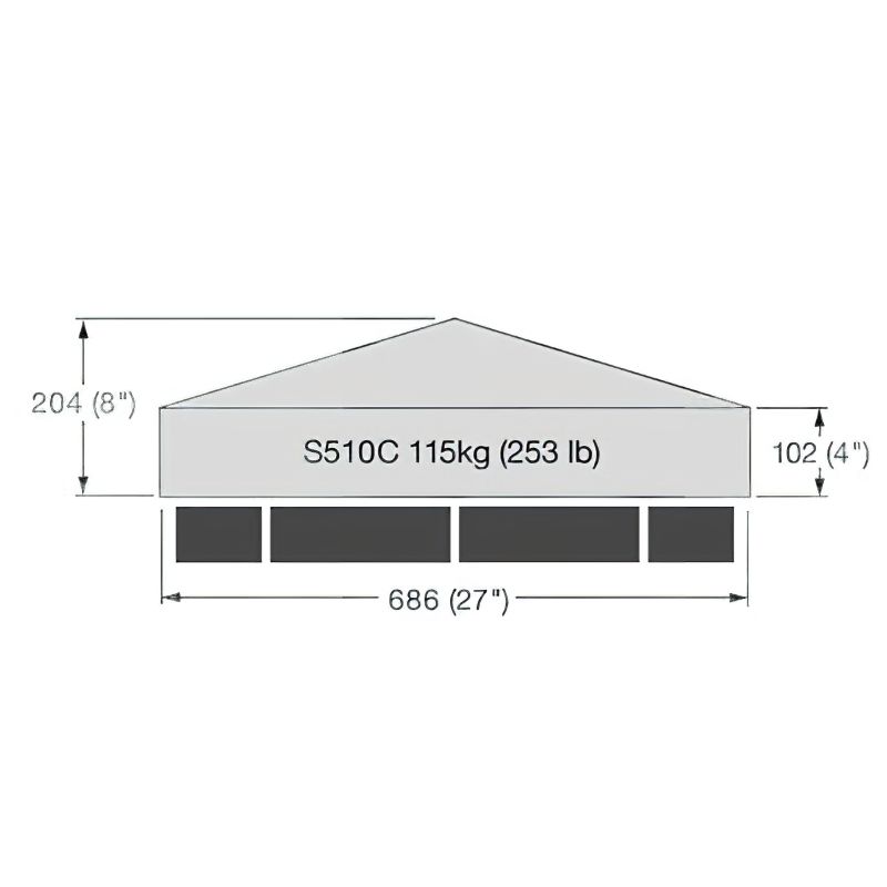 Schéma des dimensions d'une housse de table de jardin inclinée avec mesures en centimètres et poids en kilogrammes