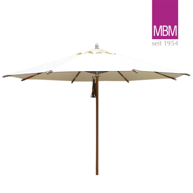 Grande ombrellone rotondo da giardino con struttura in legno e telo crema