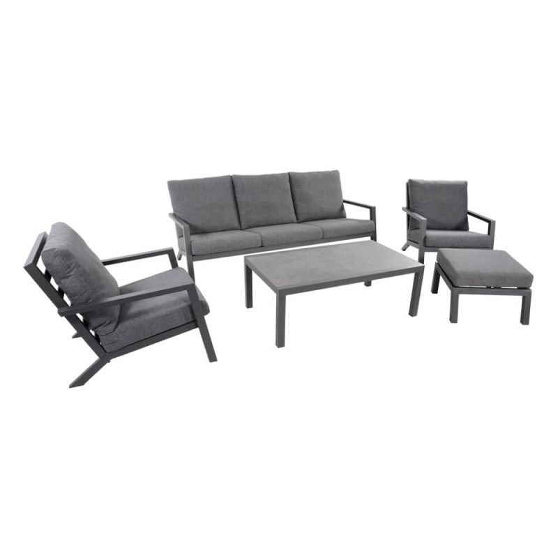 Divano da giardino grigio, due poltrone, pouf e tavolo in metallo con cuscini