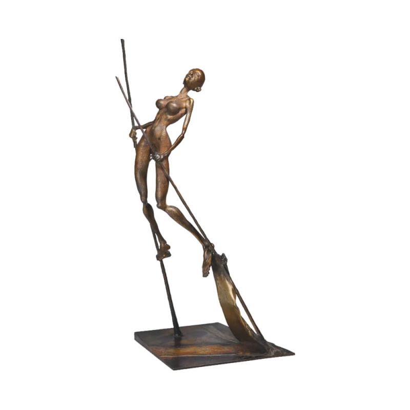 Sculpture élégante en bronze d'une femme appuyée sur un bâton, décoration de jardin
