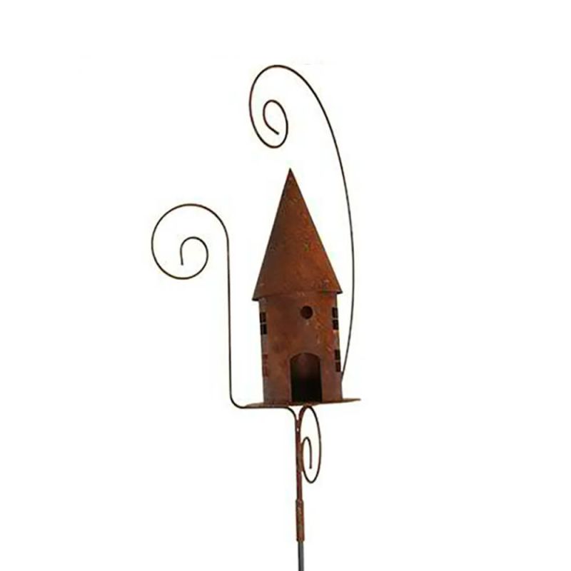 Piquet de jardin en métal brun avec nichoir et décorations en spirale pour le jardin
