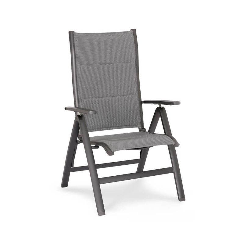 Fauteuil de jardin gris rembourré avec accoudoirs et structure robuste