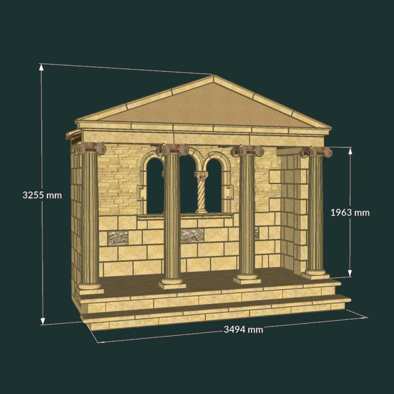 Casetta da giardino su misura con colonne e effetto pietra, dimensioni 3494 x 3255 x 1963 mm