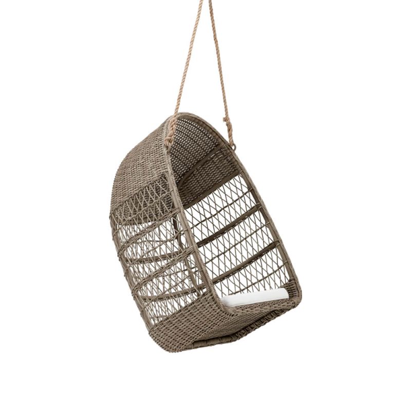 Sedia a dondolo sospesa moderna in materiale intrecciato per momenti di relax in giardino