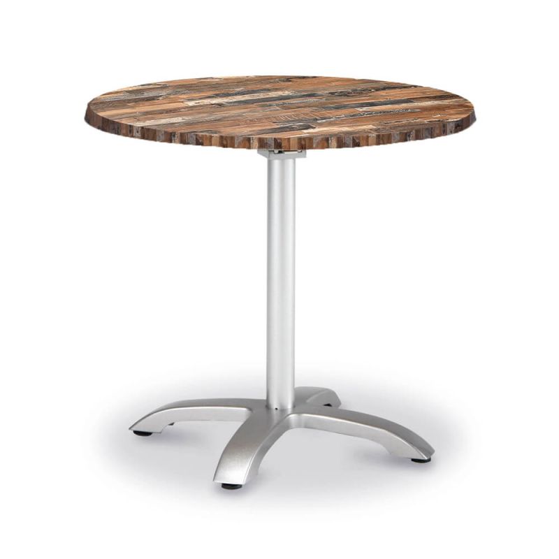 Table de jardin ronde moderne avec plateau en bois et pied en métal argenté