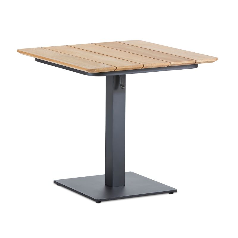 Table de jardin carrée avec plateau en bois clair et pied en métal noir