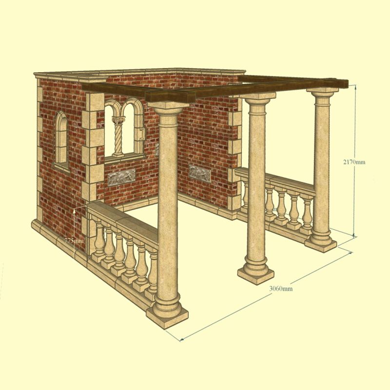 Schizzo di una casetta da giardino in mattone rosso con colonne, balcone e dimensioni