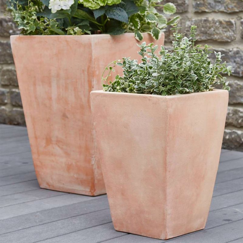 Deux pots rectangulaires en terre cuite avec des plantes vertes dans un coin de jardin