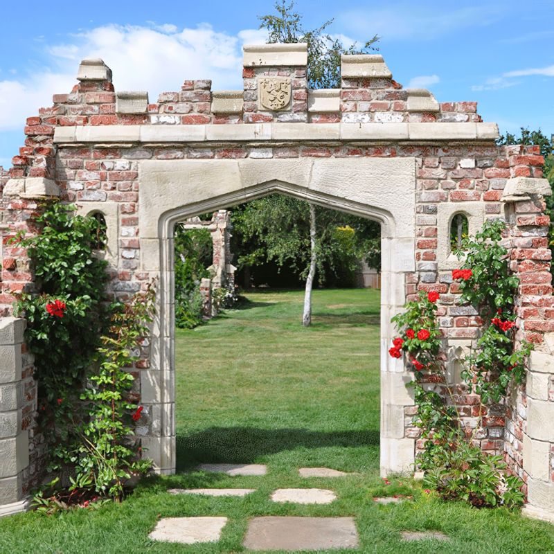Ancien arc en pierre avec roses rouges sur les côtés et vue sur la pelouse verte