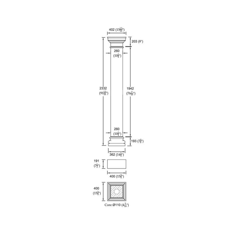 Dessin technique d'une colonne avec toutes les dimensions, adapté à la décoration de jardin