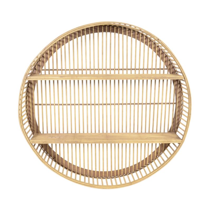 Mensola da parete rotonda in rattan con due ripiani, ideale per mobili e decorazioni da giardino