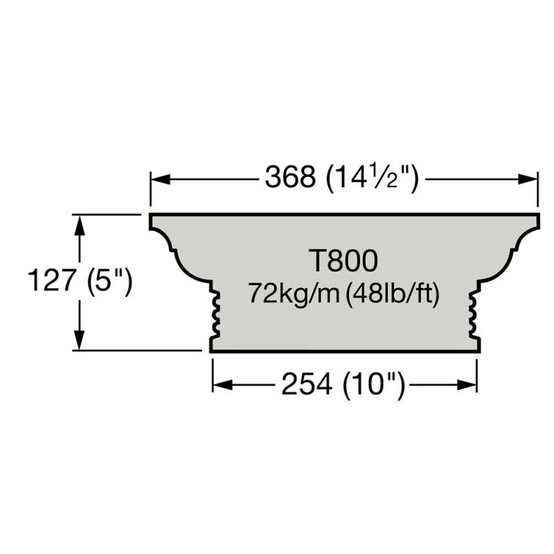 Vue latérale d'un profil en fonte T800 mesurant 368 mm de large, 127 mm de haut et pesant 72 kg/m