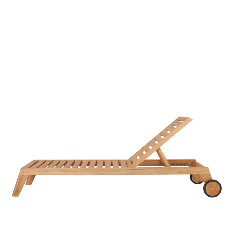 Chaise longue de jardin réglable en bois avec deux roues pour un transport facile