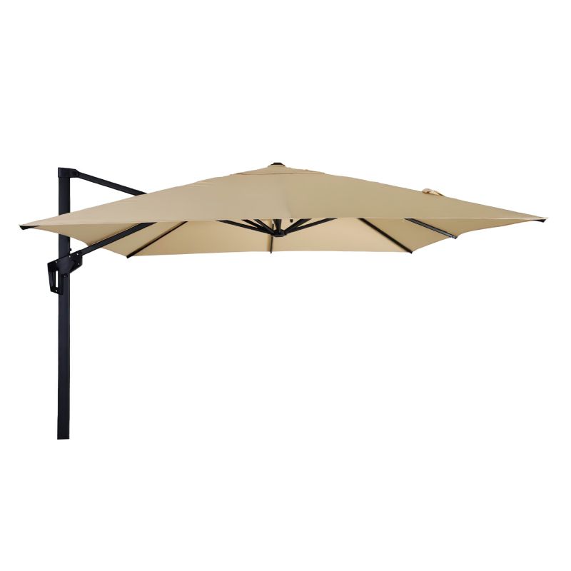 Ombrellone beige con struttura nera, ideale per mobili da giardino e protezione solare