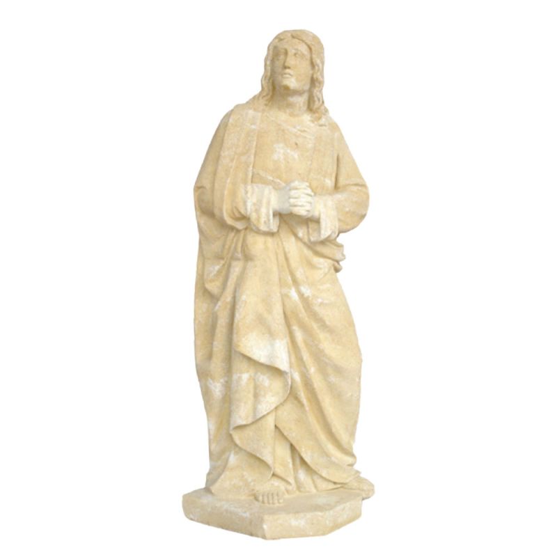 Statue de jardin beige représentant une figure debout en pierre avec une robe
