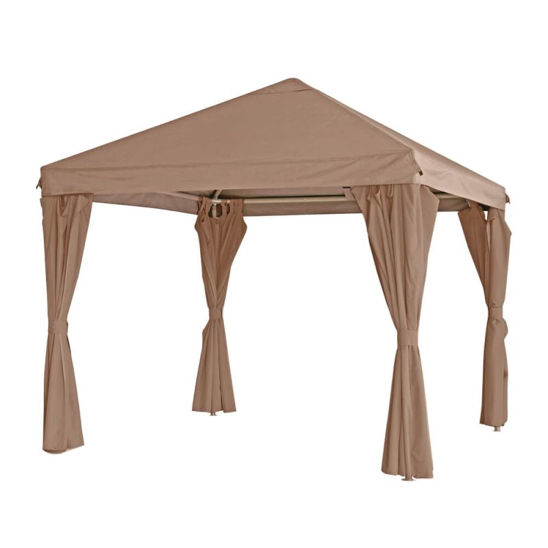 Gazebo da giardino marrone con tende aperte, ideale per ombreggiare i mobili da giardino